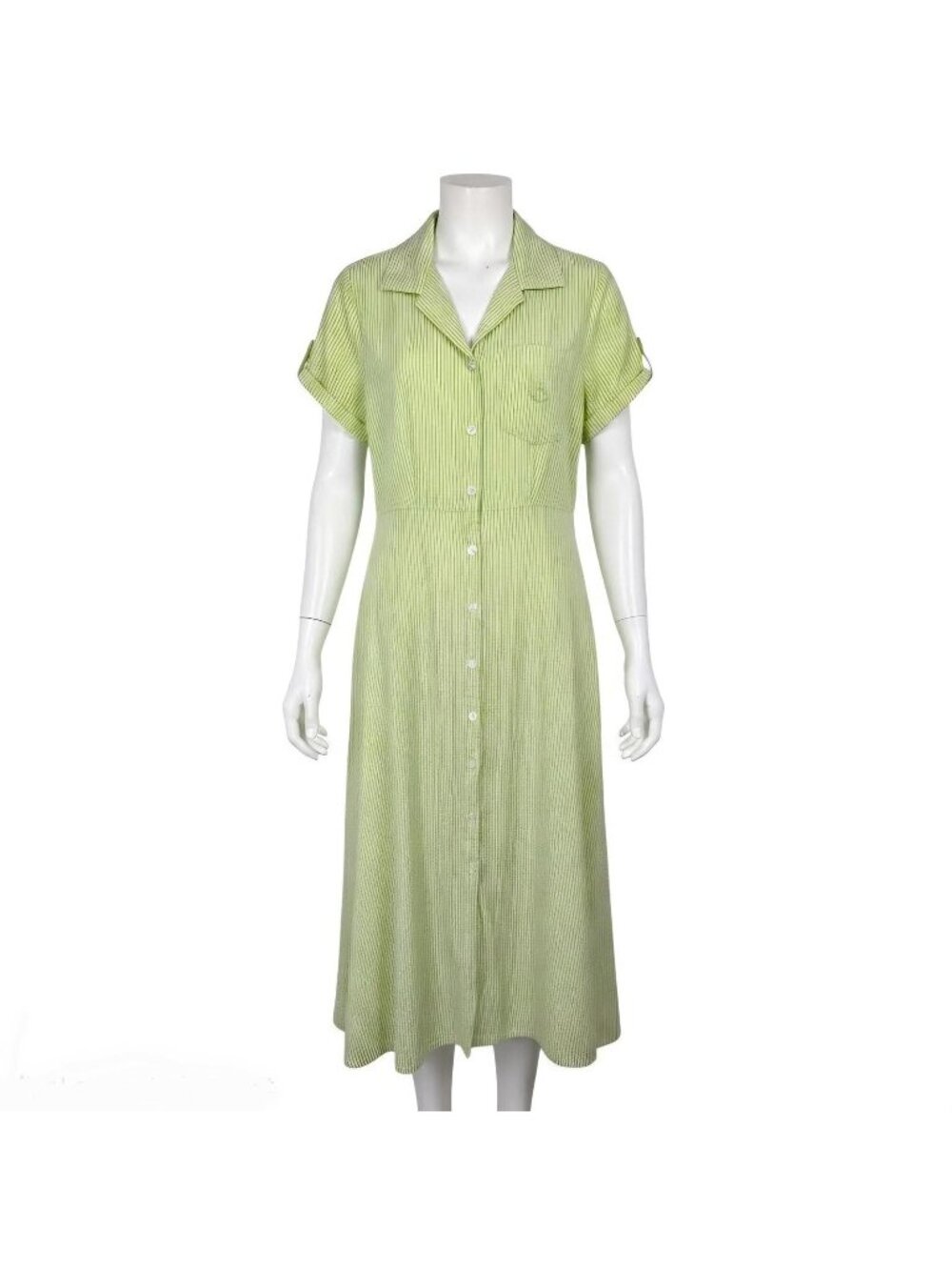 JG Hook Dress 8 Green Striped Seersucker Midi Button Up Nautical Coastal Casual